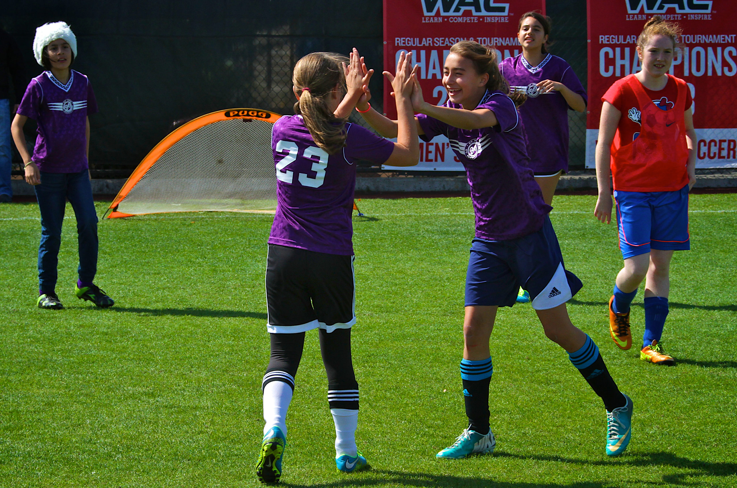 CYO Girls Soccer, Courtesy CYO Athletics, purple, celebration, youth, happy, goal, soccer, August 29, 2015, team Sts Joseph/ Alphonsus.