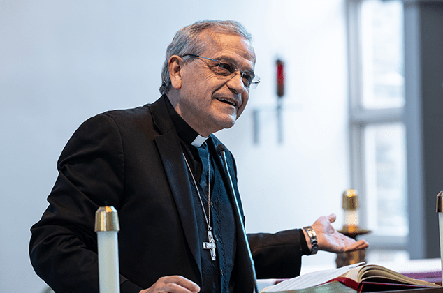 Bishop Elizondo reading the Bible at the 2024 Crozier Lenten Retreat